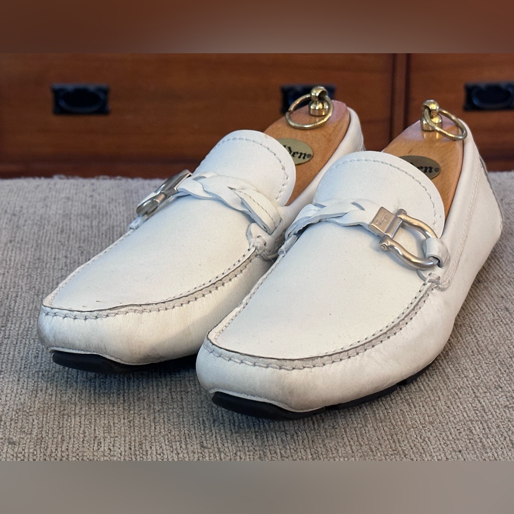 Salvatore Ferragamo Parigi Gancini White Calf Leather Mens Loafers Size 8 D